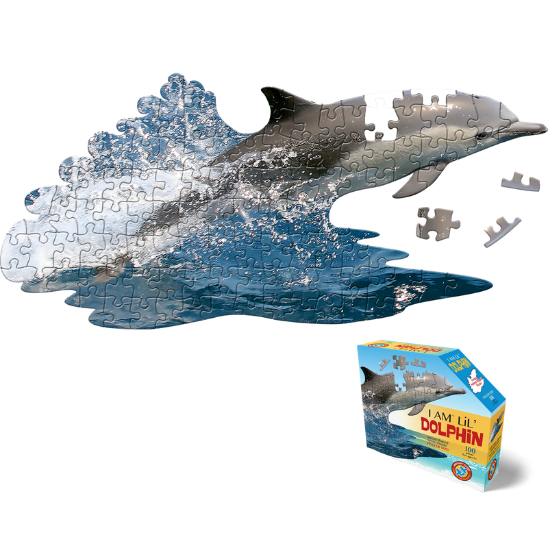Madd Capp Puzzles – I Am Lil' Dolphin Jigsaw Puzzle | 100 Pieces – puzzle and packaging