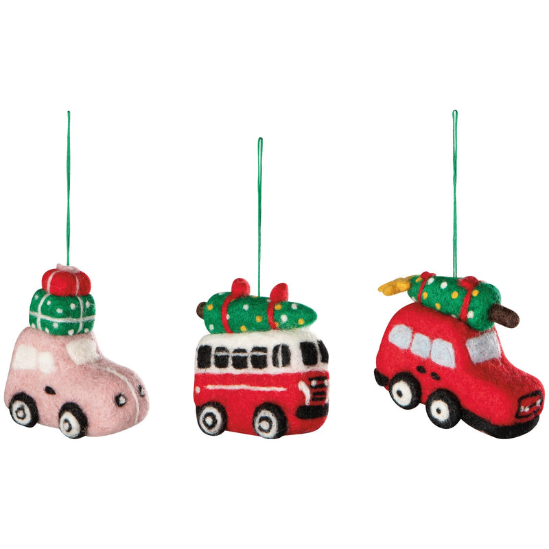 Danica Jubilee Holiday Traffic wool felt ornaments, three vehicles shown as possible random styles