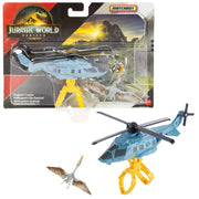 Matchbox - Jurassic World - Dino Transporter & Mini Dinosaurs (Single Random Pick) — Example helicopter and mini dinosaurs