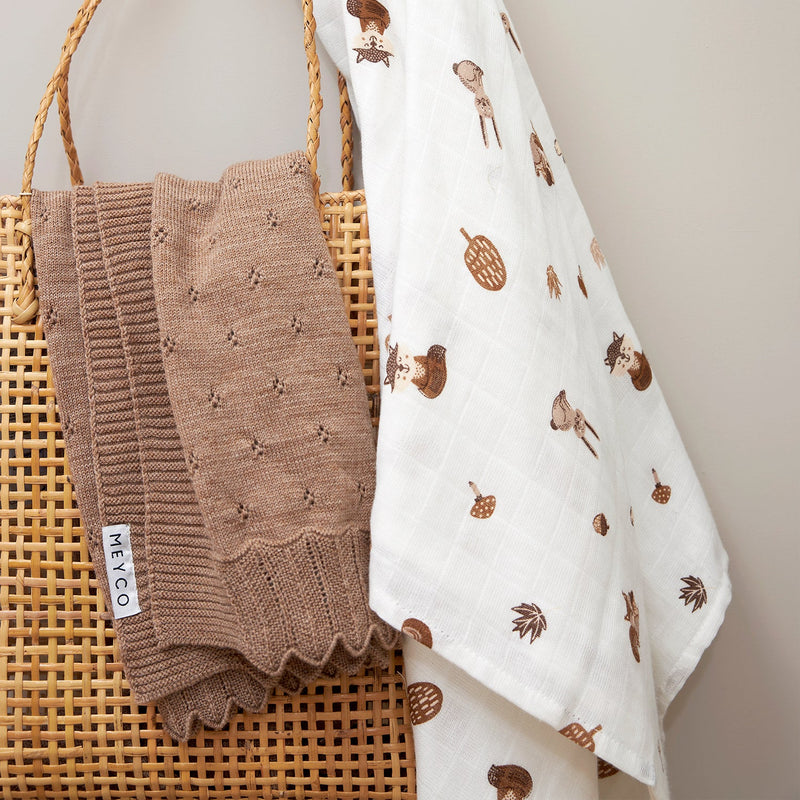 Meyco Baby Muslin Swaddle Blankets – Forest Animals Toffee – additional product detail or lifestyle view
