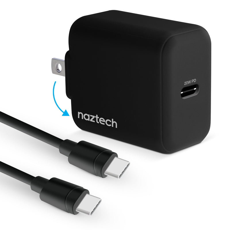 Naztech – 20W USB-C PD Wall Charger with USB-C Cable – Black | 4 ft / 1.22 m – front wall charger and USB-C cable