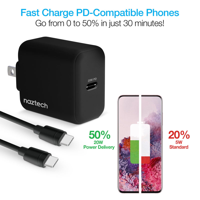 Naztech – 20W USB-C PD Wall Charger with USB-C Cable – Black | 4 ft / 1.22 m – PD charging example