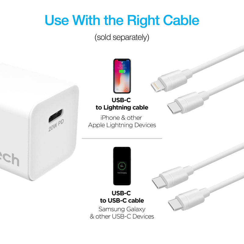 Naztech – 20W USB-C PD Mini Wall Charger – White – compatible charging cables