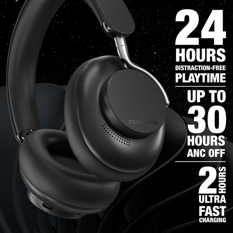 Naztech – AURA 360 ANC Wireless Over-Ear Headphones – Midnight – battery life and recharge time