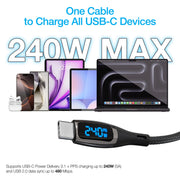 Naztech – DigiWATT 240W USB-C Cable with LED Power Display – Black | 6 ft / 1.83 m – USB-C charging compatibility