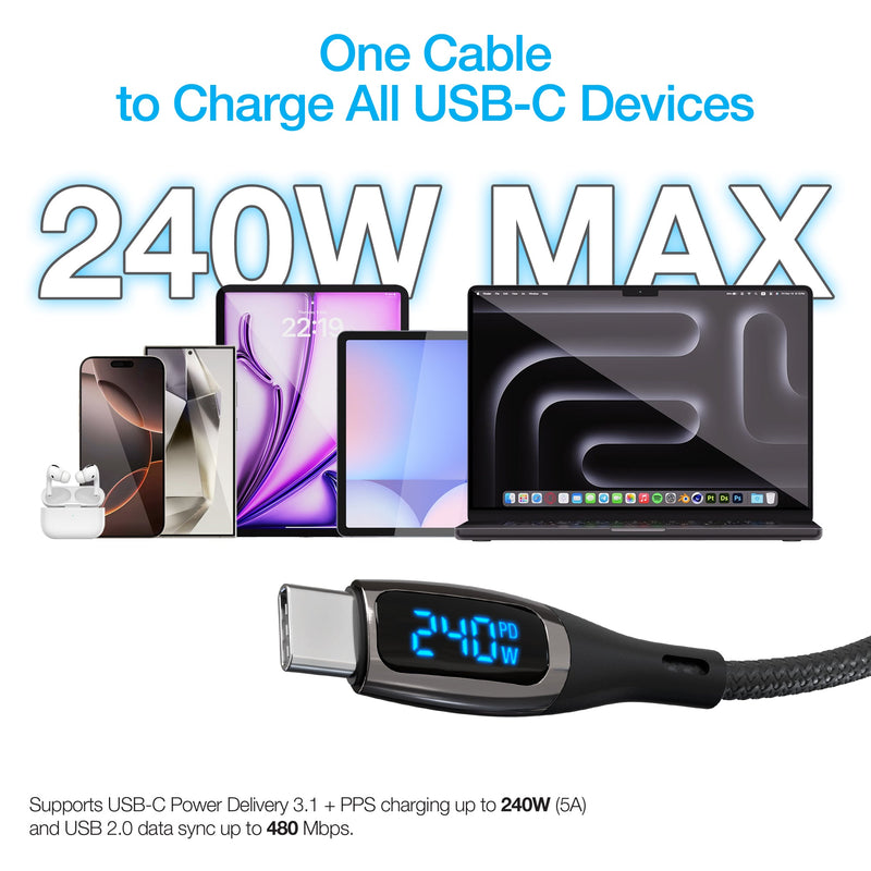 Naztech – DigiWATT 240W USB-C Cable with LED Power Display – Black | 6 ft / 1.83 m – USB-C charging compatibility