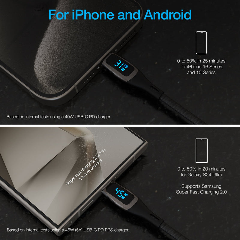 Naztech – DigiWATT 240W USB-C Cable with LED Power Display – Black | 12 ft / 3.66 m – phone charging examples
