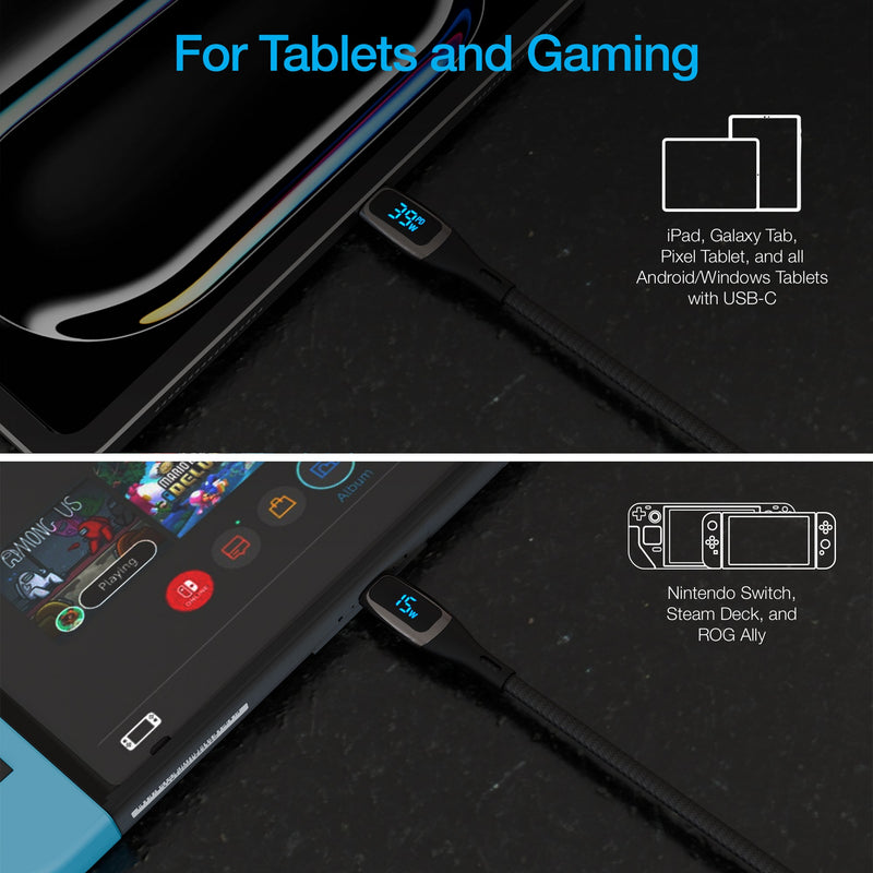 Naztech – DigiWATT 240W USB-C Cable with LED Power Display – Black | 12 ft / 3.66 m – tablet and gaming device examples