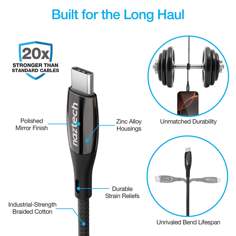 Naztech – DigiWATT 240W USB-C Cable with LED Power Display – Black | 12 ft / 3.66 m – braided construction and strain relief