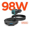 HyperGear – Chargeur de voiture 5 ports 98W Road Runner, 2 ports siège avant USB-A (18W) et USB-C (30W), 3 ports siège arrière USB-A (18W) et 2x USB-C (30W et 20W) avec câble prolongateur de 1,5 m – Noir