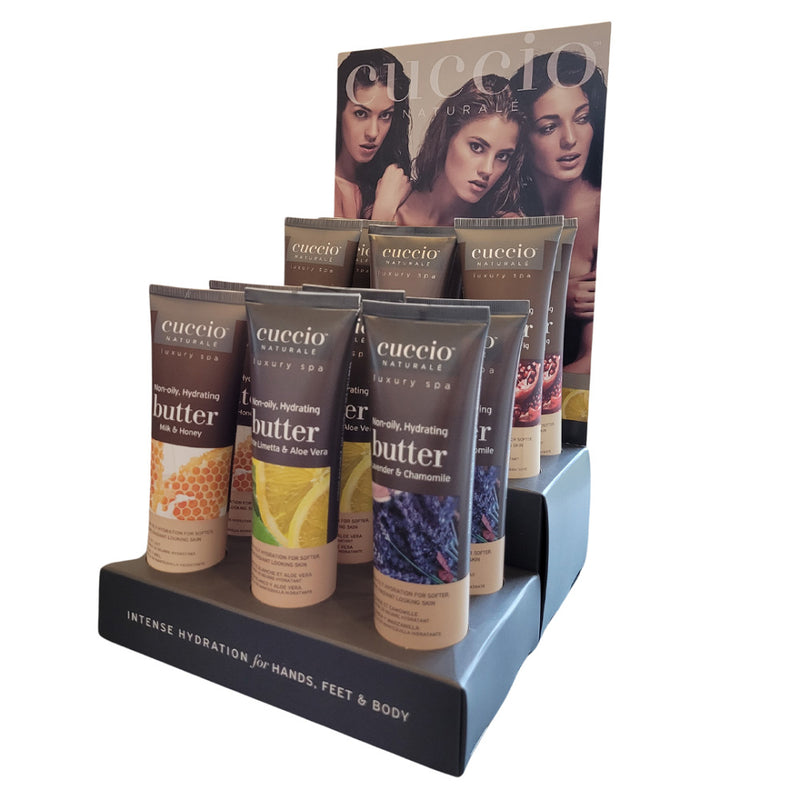 Cuccio Naturale hydrating butter display with 12 x 4 oz