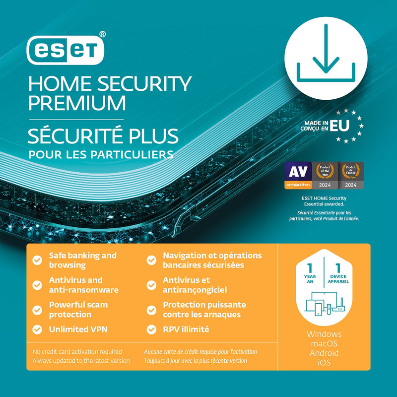 ESET – Home Security Premium, 1 appareil, 1 an, avec VPN illimité, grande carte physique (PKC), PC/Mac/Android/iOS