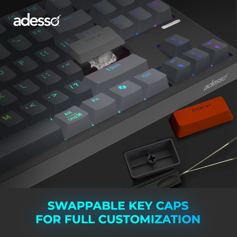 Adesso – Wired/Wireless/Bluetooth Multi-OS Illuminated Mechanical QMK VIA Compact Keyboard With CoPilot Ai Hotkey (Red Switch)