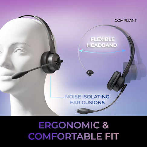 Adesso – Headset Wireless Mono Bluetooth or 3.5 mm audio connection with Noise-Canceling Mic, Charging Dock, 14-Hour Battery Life, Multi-Platform Compatible.