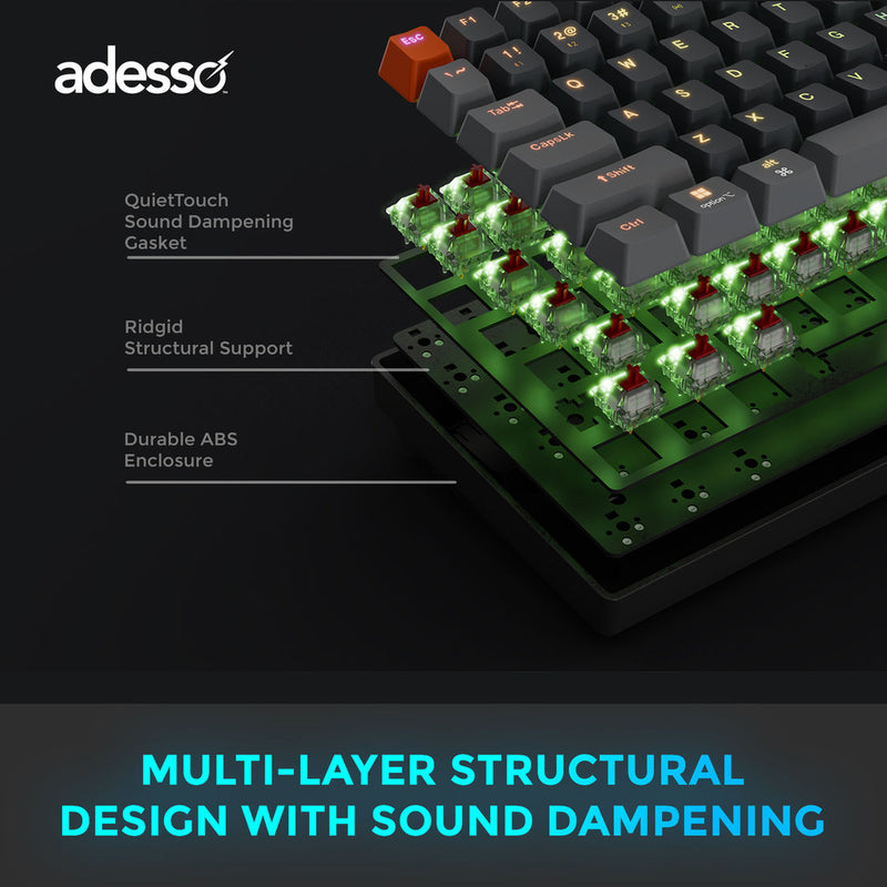 Adesso – Wired/Wireless/Bluetooth Multi-OS Illuminated Mechanical QMK VIA Compact Keyboard With CoPilot Ai Hotkey (Red Switch)