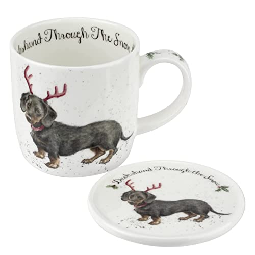 Royal Worcester Dachshund Snow mug and coaster set