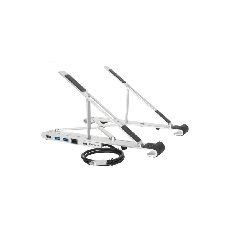 Targus portable foldable laptop stand with integrated USB-C dock in silver