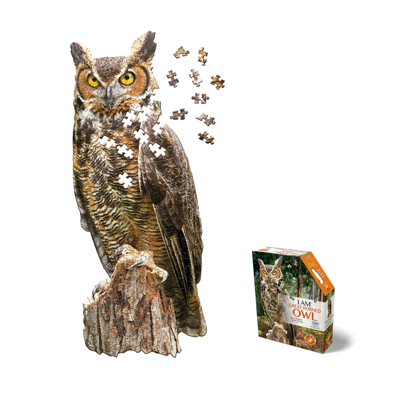 Madd Capp Puzzles – I Am Great Horned Owl Jigsaw Puzzle | 300 Pieces – puzzle and packaging