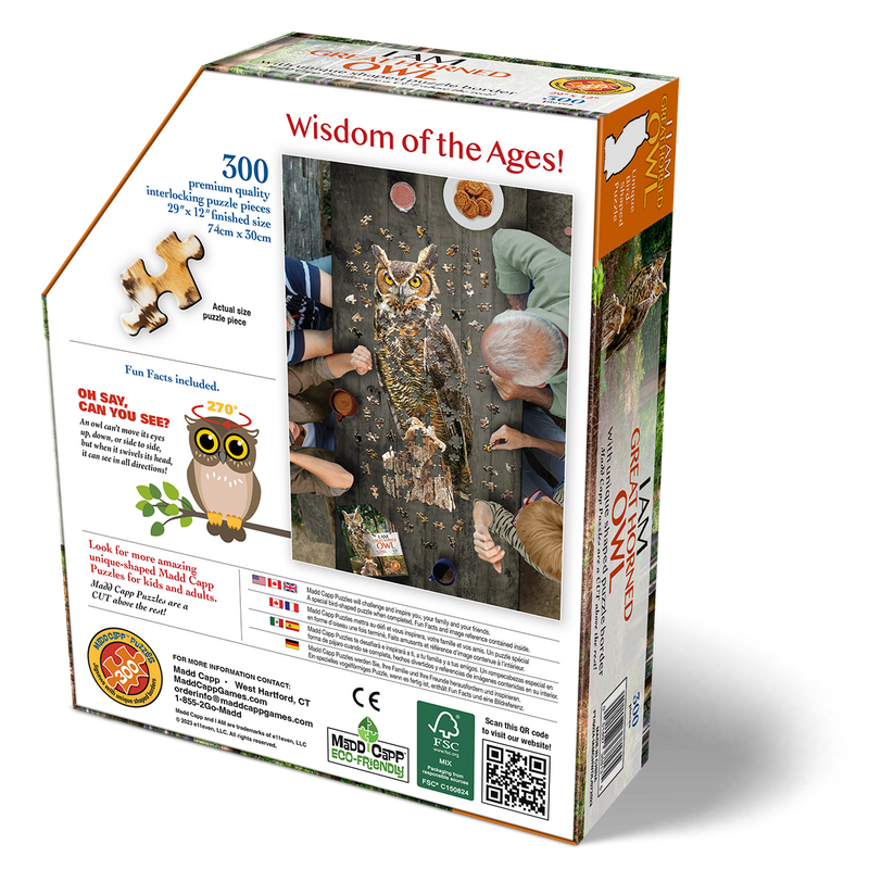 Madd Capp Puzzles – I Am Great Horned Owl Jigsaw Puzzle | 300 Pieces – back of packaging