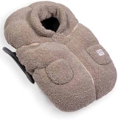 7AM Enfant Teddy Car Seat Cocoon cover in Oatmeal on an infant car seat