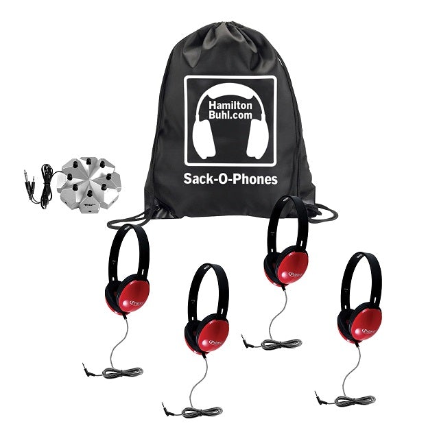 HamiltonBuhl Sack-O-Phones 4-pack of red Primo headphones with jackbox