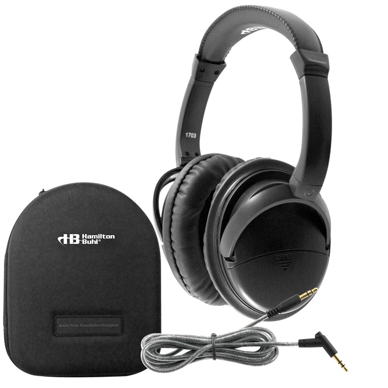 HamiltonBuhl NCHBC1 Deluxe Active Noise Cancelling Headphones with carrying case and 3.5 mm cable