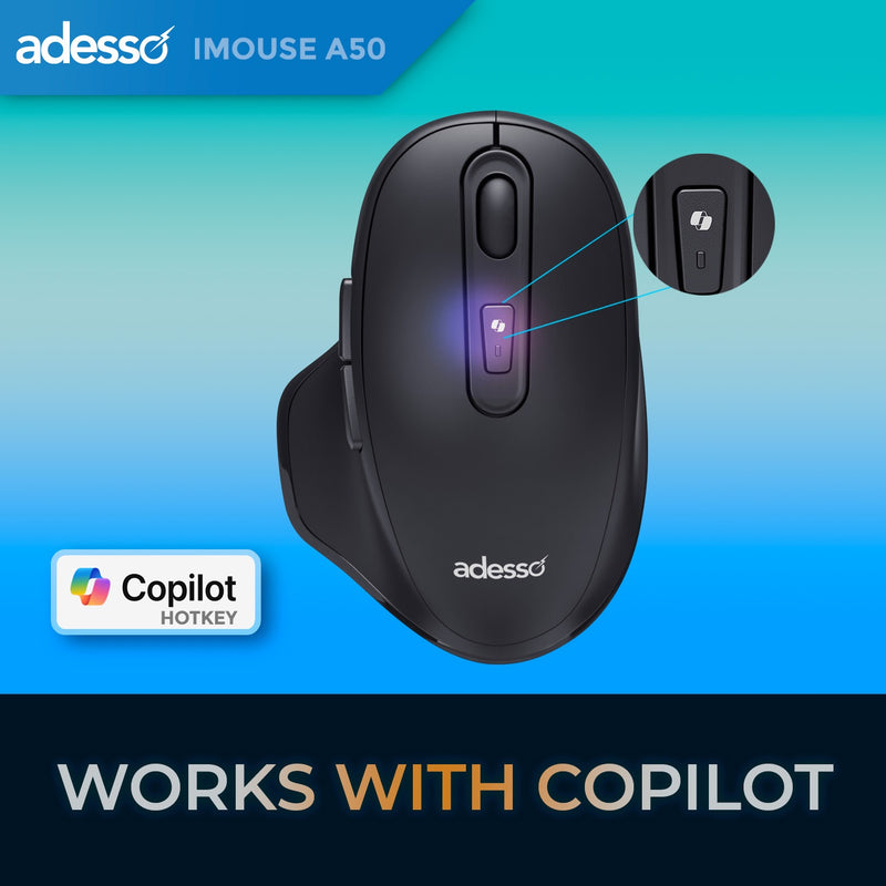 Adesso – Souris sans fil ergonomique A50 Bluetooth/RF 2,4 GHz avec touche de raccourci IA programmable