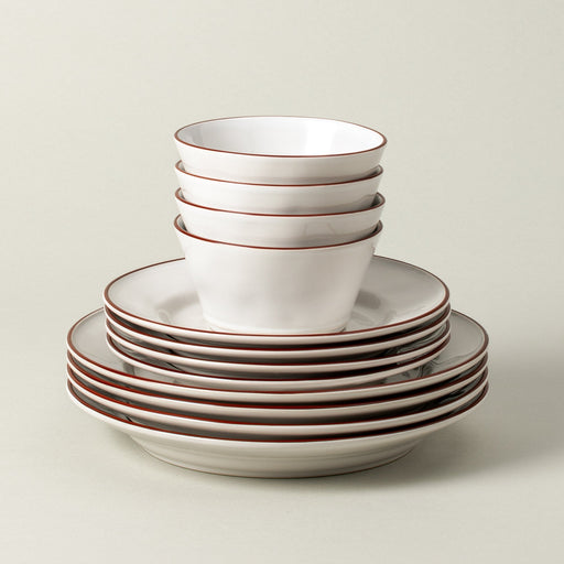 Beja - White & Red 12-piece Dinnerware Set with Bowl