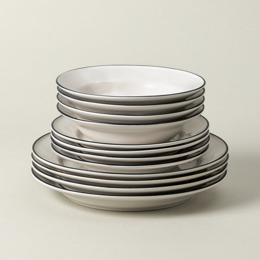 Beja - White & Blue 12-piece Dinnerware Set with Soup/pasta Plate