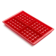 Red Lékué four-cavity waffle mould shown; set includes two moulds