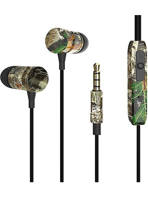 Realtree camo earbuds with in-line mic and gold-plated 3.5 mm plug
