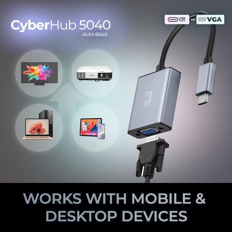 Adesso – Adapter USB-C to VGA 1080P at 60Hz Full HD VGA Output Plug-and-Play Aluminum Housing