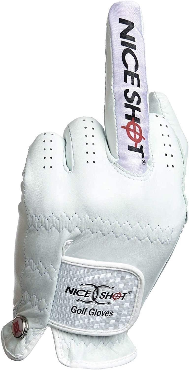 Nice Shot The Bird white left-hand golf glove – open-hand back view