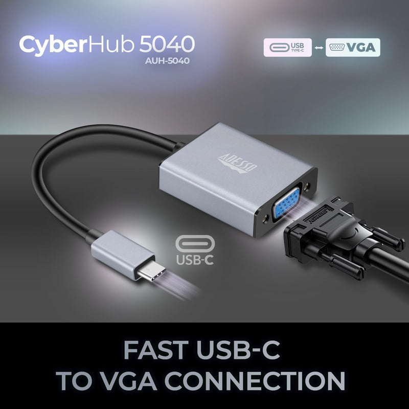 Adesso – Adapter USB-C to VGA 1080P at 60Hz Full HD VGA Output Plug-and-Play Aluminum Housing
