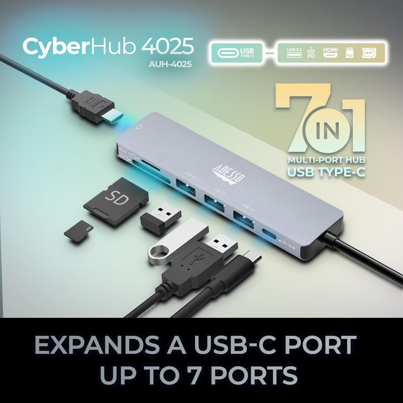 Adesso – Station d'accueil multiport 7-en-1 prenant en charge USB-C vers HDMI, PD, 3 x USB-A, lecteur de carte Micro SD/SD