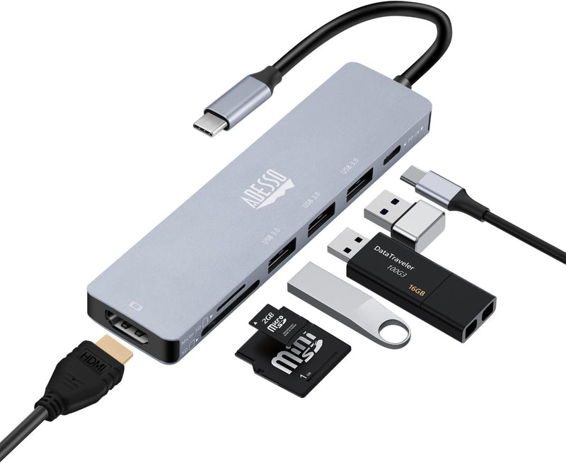 Adesso – Station d'accueil multiport 7-en-1 prenant en charge USB-C vers HDMI, PD, 3 x USB-A, lecteur de carte Micro SD/SD