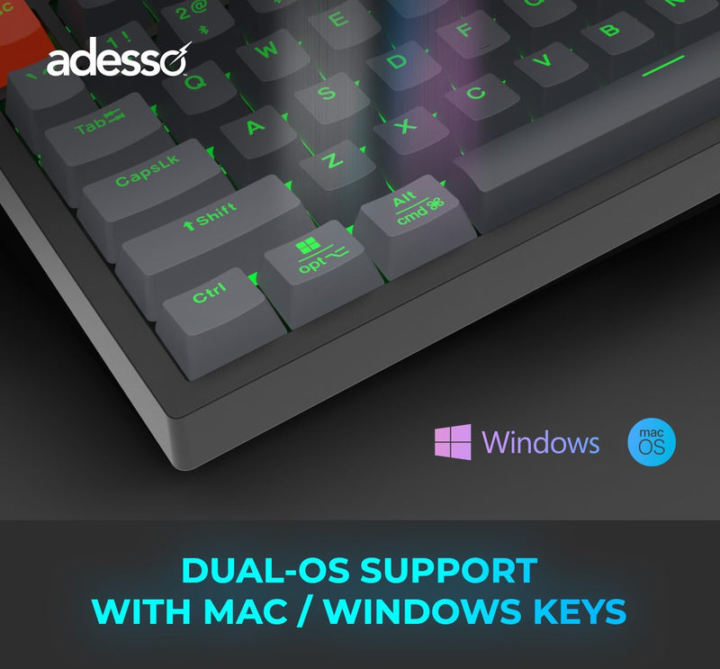 Adesso – Wired/Wireless/Bluetooth Multi-OS Illuminated Mechanical QMK VIA Compact Keyboard With CoPilot Ai Hotkey (Red Switch)