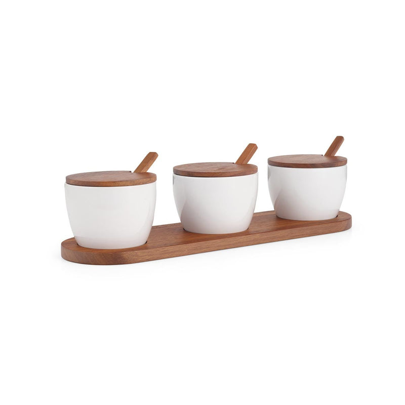 Nambé Duets Triple Condiment Server with Lids & Spoons - product view