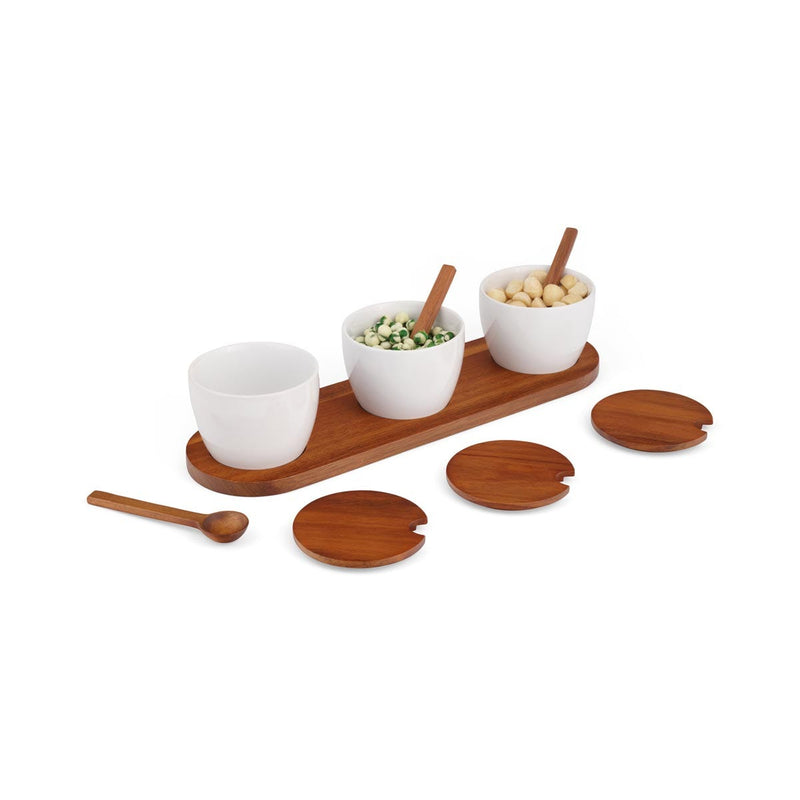 Nambé Duets Triple Condiment Server with Lids & Spoons - product view