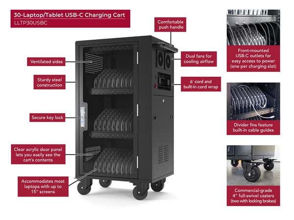 Luxor – 30-Device USB-C Laptop Charging Cart with Locking Door and Fans | Black