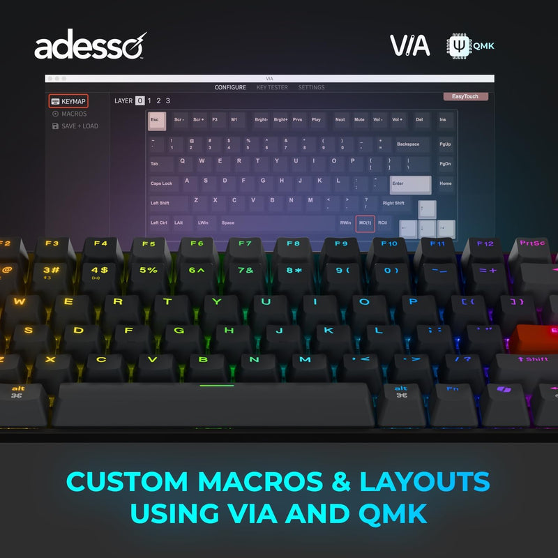Adesso – Wired/Wireless/Bluetooth Multi-OS Illuminated QMK VIA Mechanical Mini Keyboard With CoPilot AI Hotkey (Red Switch)