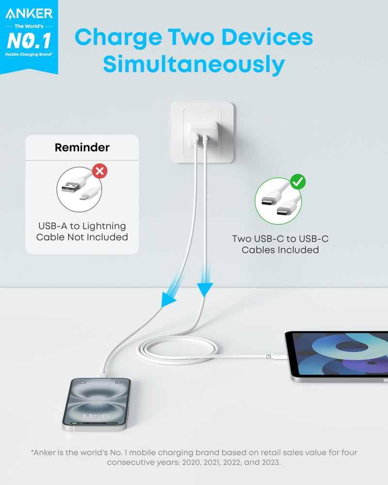 Anker - A2348 - 20W Dual-Port Wall Charger with Cables - 2-Pack - White