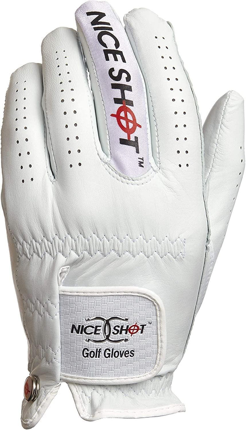 Nice Shot The Bird white left-hand golf glove – palm view