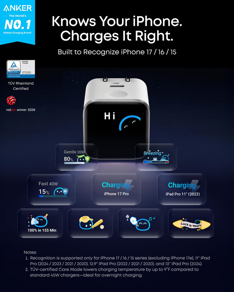 Anker - Nano (A121D) - 45W USB-C Wall Charger with Smart Display - Blue