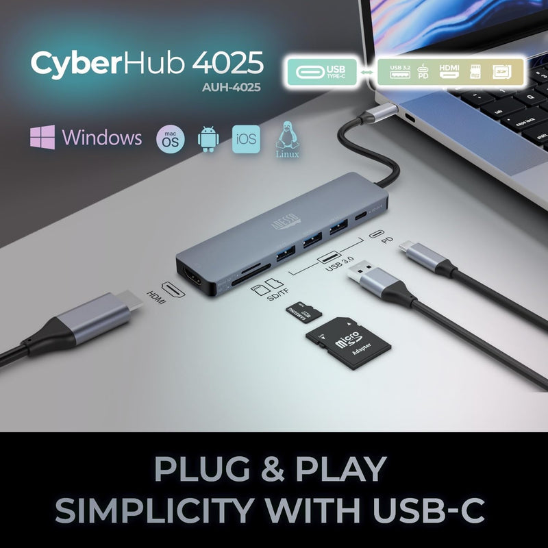 Adesso – Station d'accueil multiport 7-en-1 prenant en charge USB-C vers HDMI, PD, 3 x USB-A, lecteur de carte Micro SD/SD