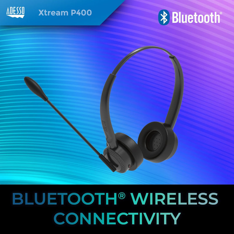 Adesso – Casque stéréo sans fil avec connexion Bluetooth ou audio 3,5 mm, microphone, station de recharge, autonomie de 14 heures, fonction sourdine, compatible multiplateforme