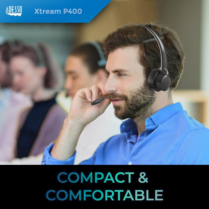 Adesso – Casque stéréo sans fil avec connexion Bluetooth ou audio 3,5 mm, microphone, station de recharge, autonomie de 14 heures, fonction sourdine, compatible multiplateforme