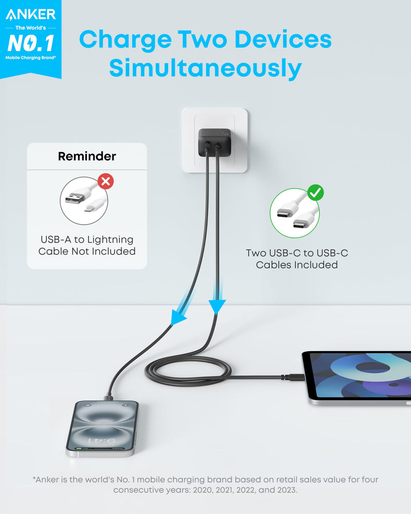 Anker - A2348 - 20W Dual-Port Wall Charger with Cables - 2-Pack - Black