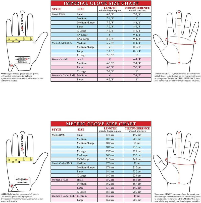 Nice Shot The Bird white right-hand golf glove – brand hand-measurement and size guide