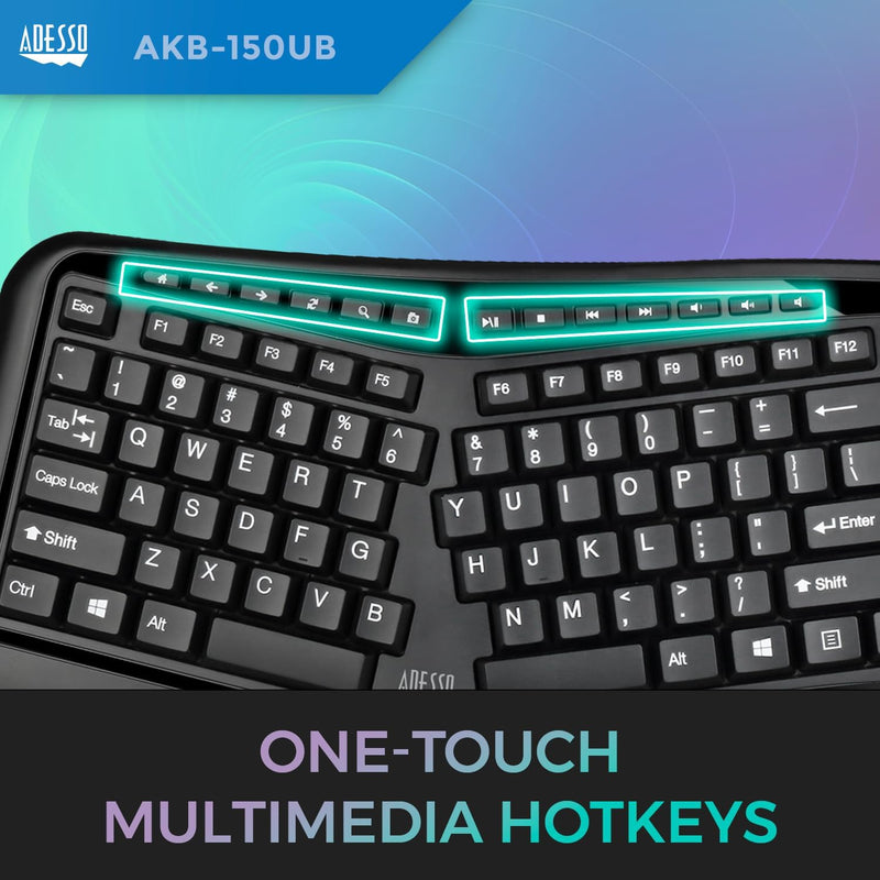 Adesso – Clavier filaire ergonomique à gros caractères 2X avec repose-poignets intégré - Noir